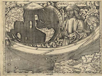 Detail of the Waldseemüller 1507 World Map shows an image of explorer Amerigo Vespucci. 